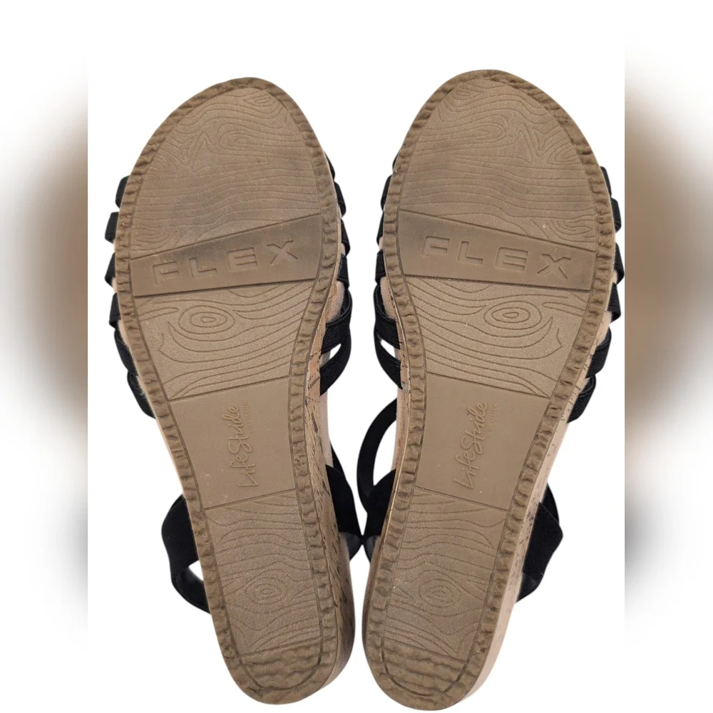 Life Stride Mallory Sz 9M Women's Black Elastic Straps Cork Texture Wedge Sandal
